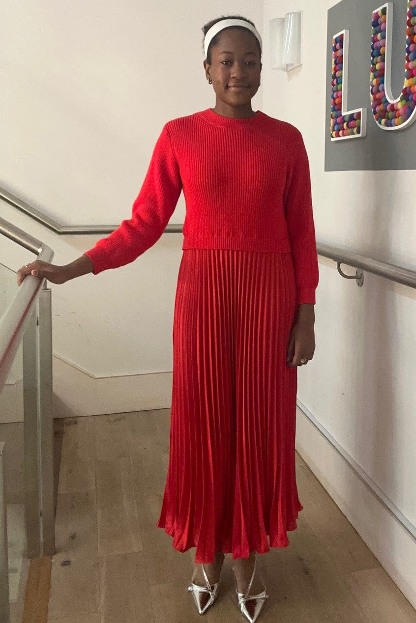 Vestido jersey con falda de satén – Luna UK