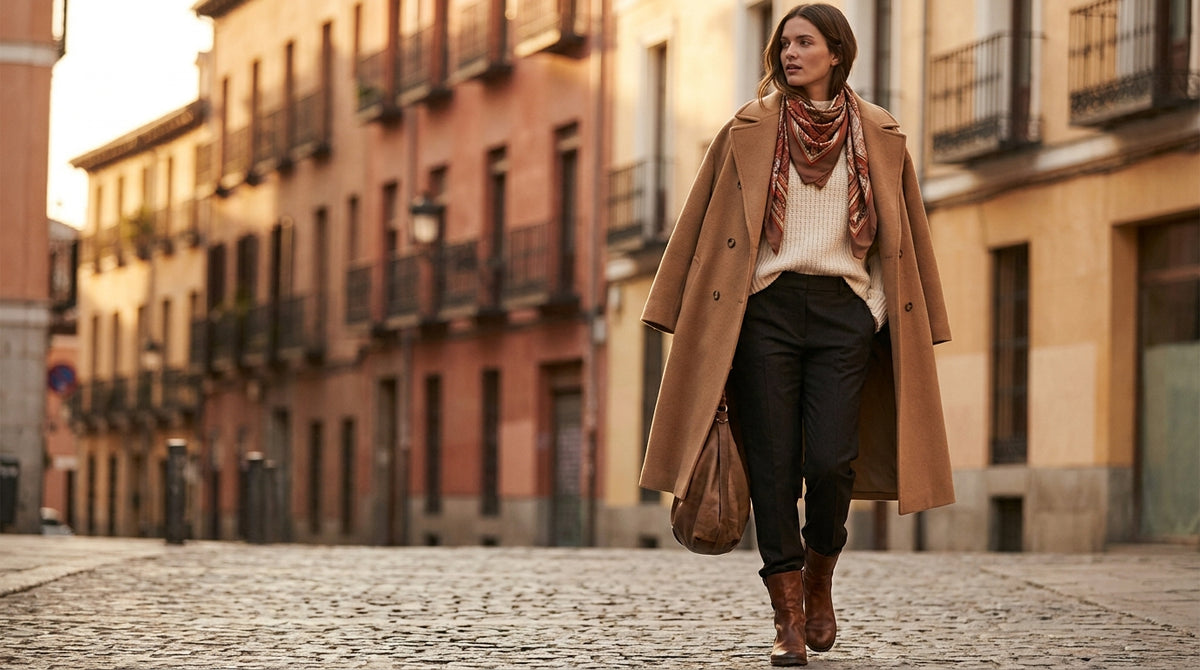 A stylishly layered woman in a camel coat, chunky knit, and silk scarf walks along a cobblestone European street in soft winter light.