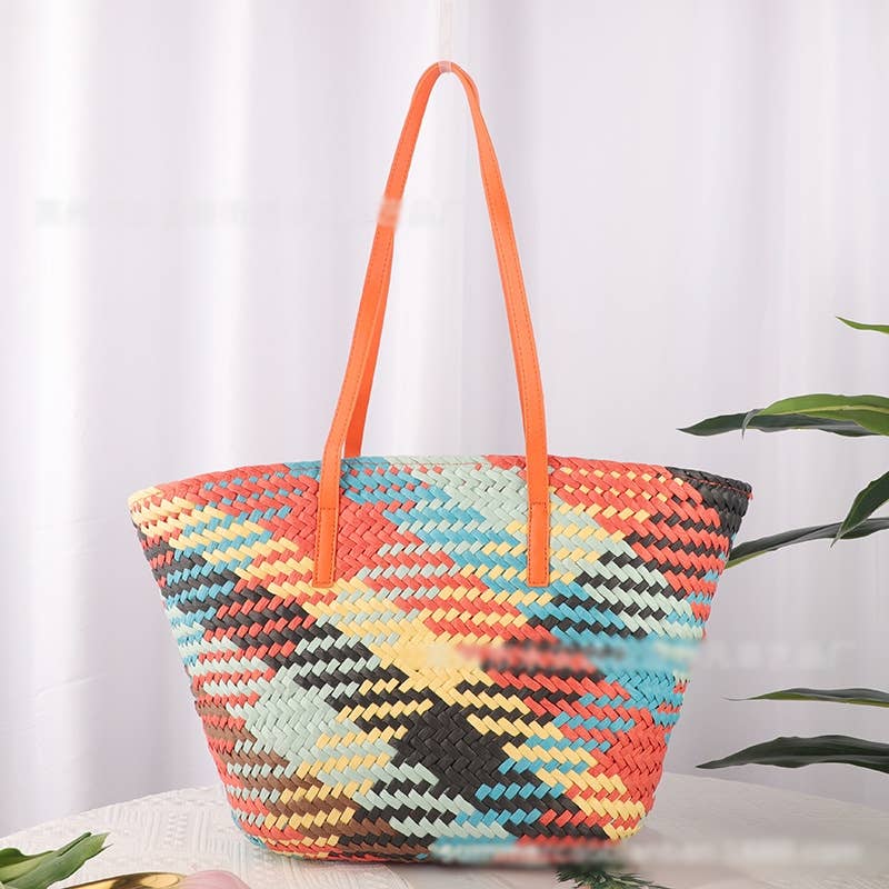 Vibrant Multi Colour Spliced Straw Basket Bags