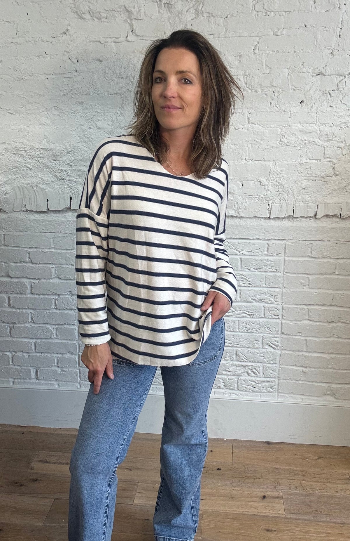 Soft Striped V-Neck Long Sleeve Top