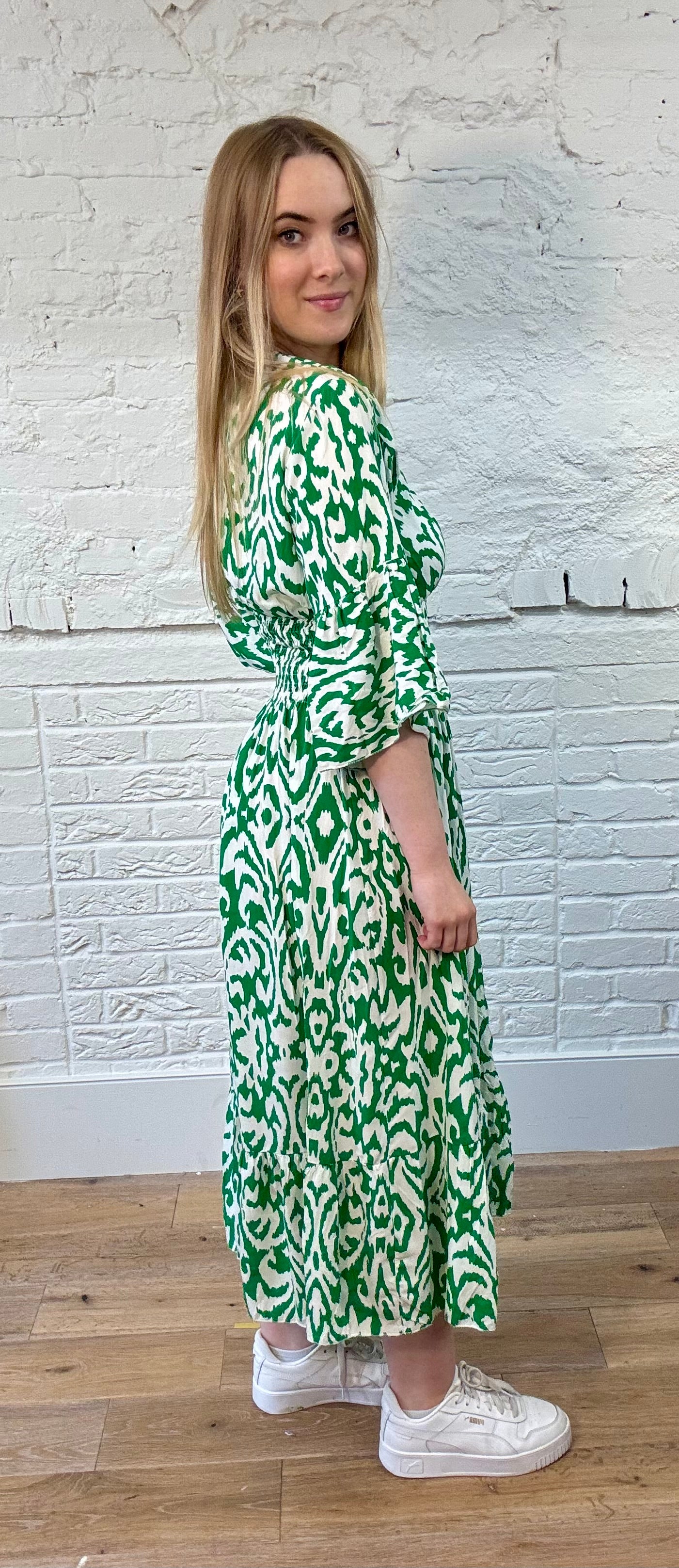 Vibrant Pattern Shirred Dress