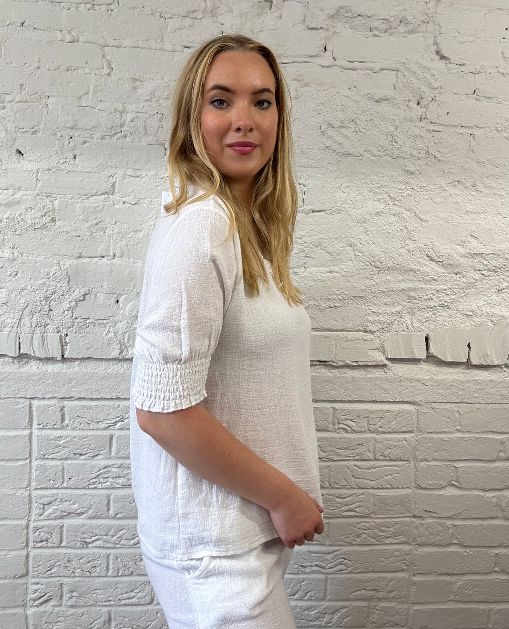 Cotton & Linen Mix Shirred Sleeve Top