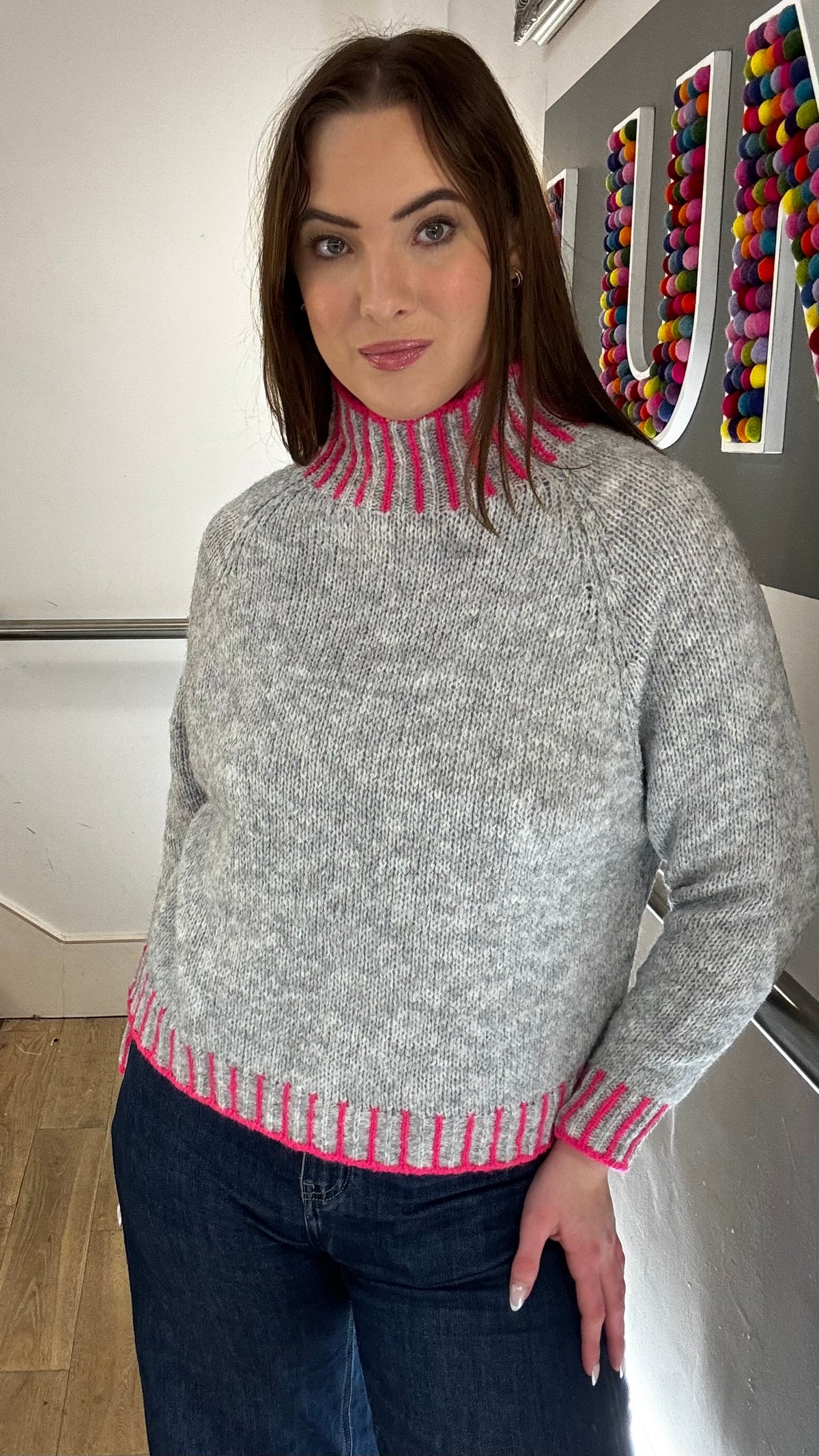 Funnel Neck Contrast Stitch Jumper
