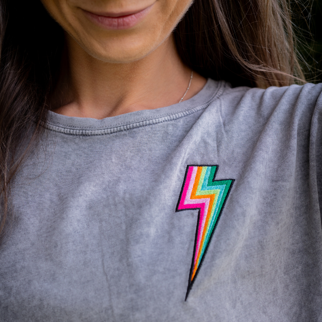 Acid Wash Grey T Shirt with Embroidered Bolt