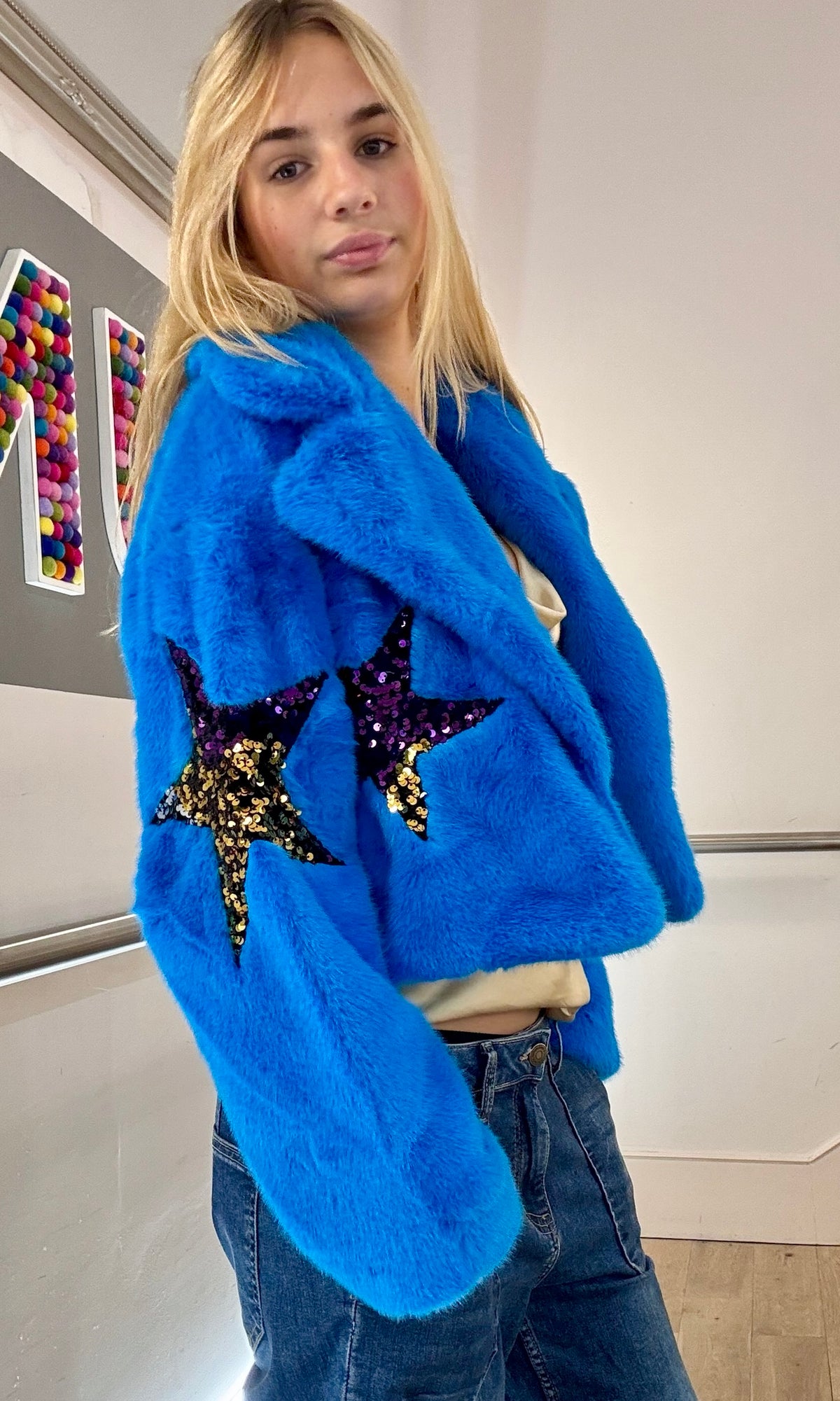 Jayley Bamboo Faux Fur Sequins Star Jacket