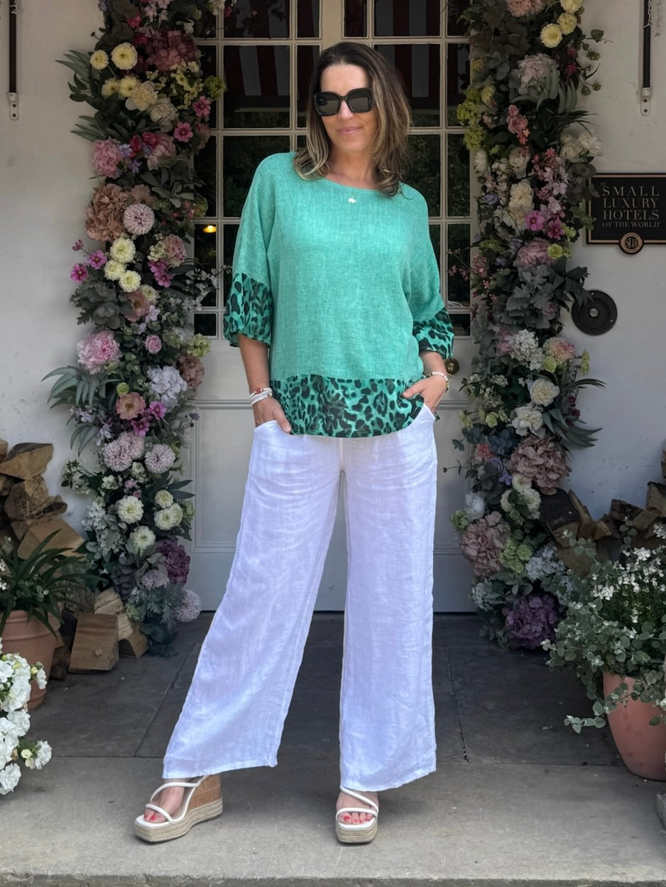 Cotton and Linen Mix Top With Leopard Detail