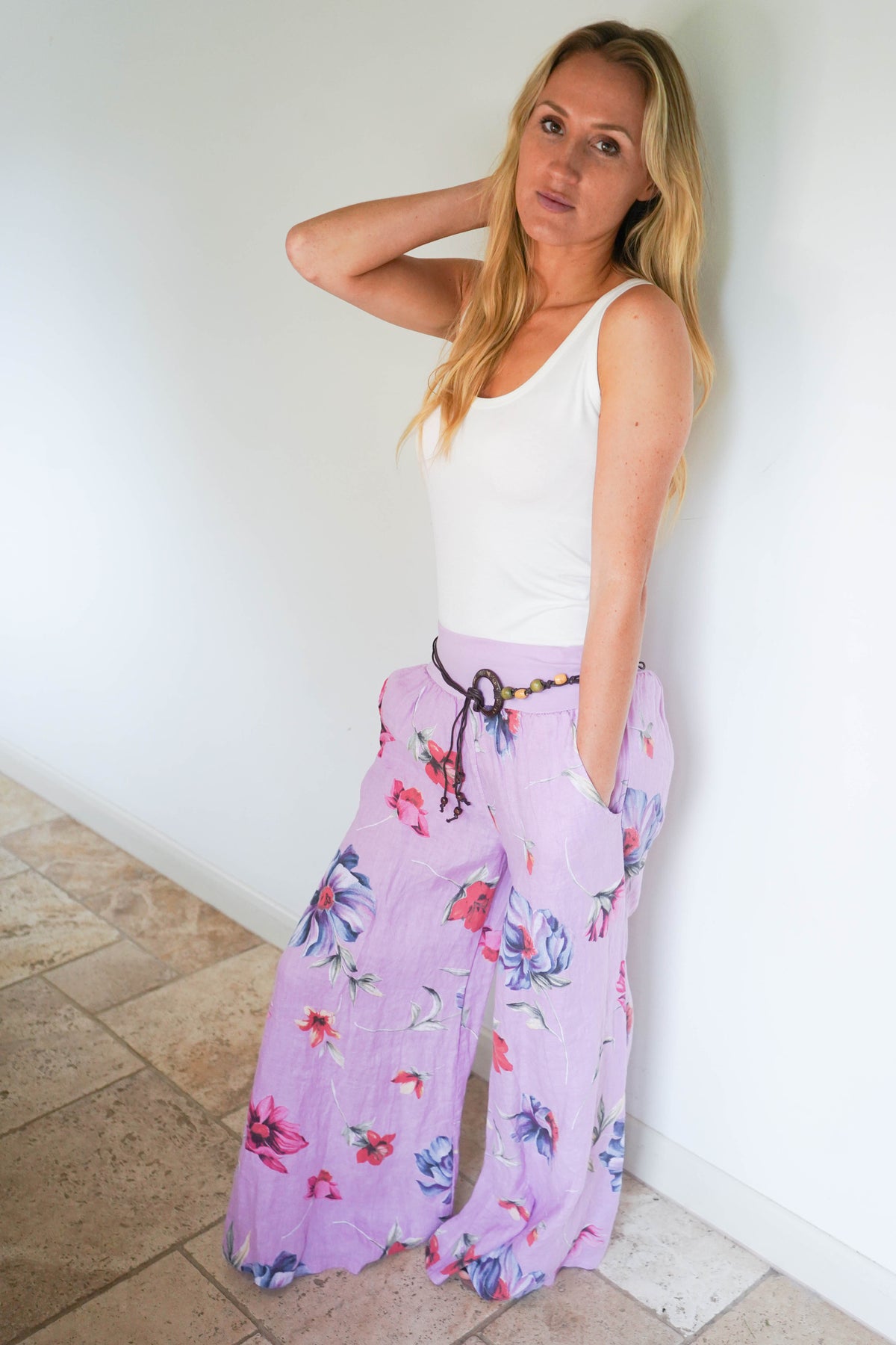 Floral Belted Linen Trousers