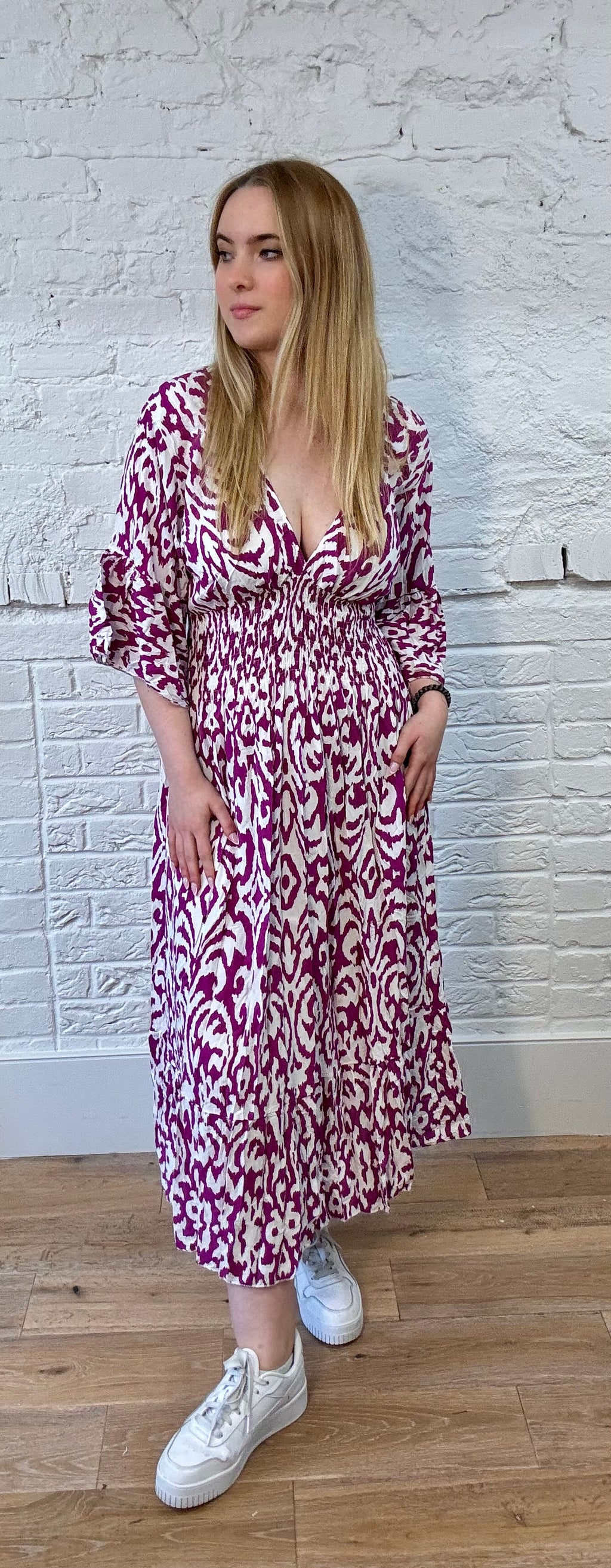 Vibrant Pattern Shirred Dress