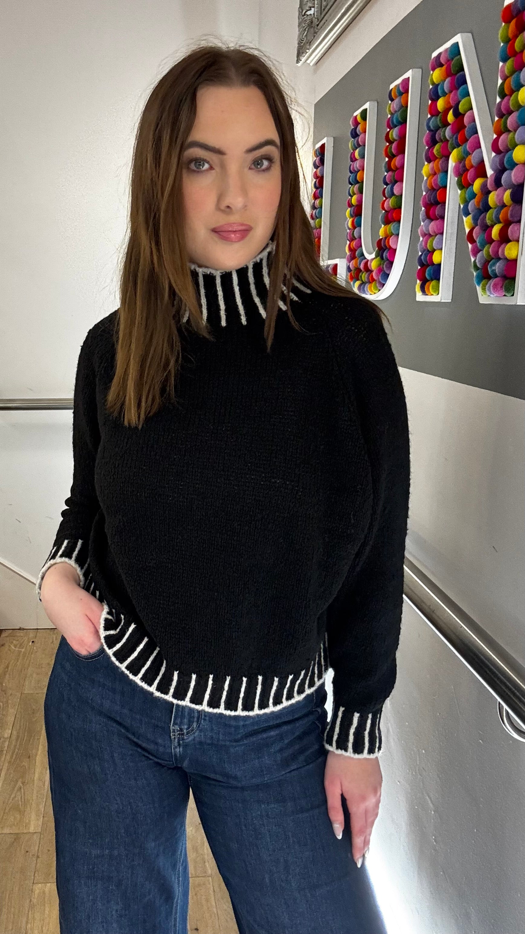 Funnel Neck Contrast Stitch Jumper