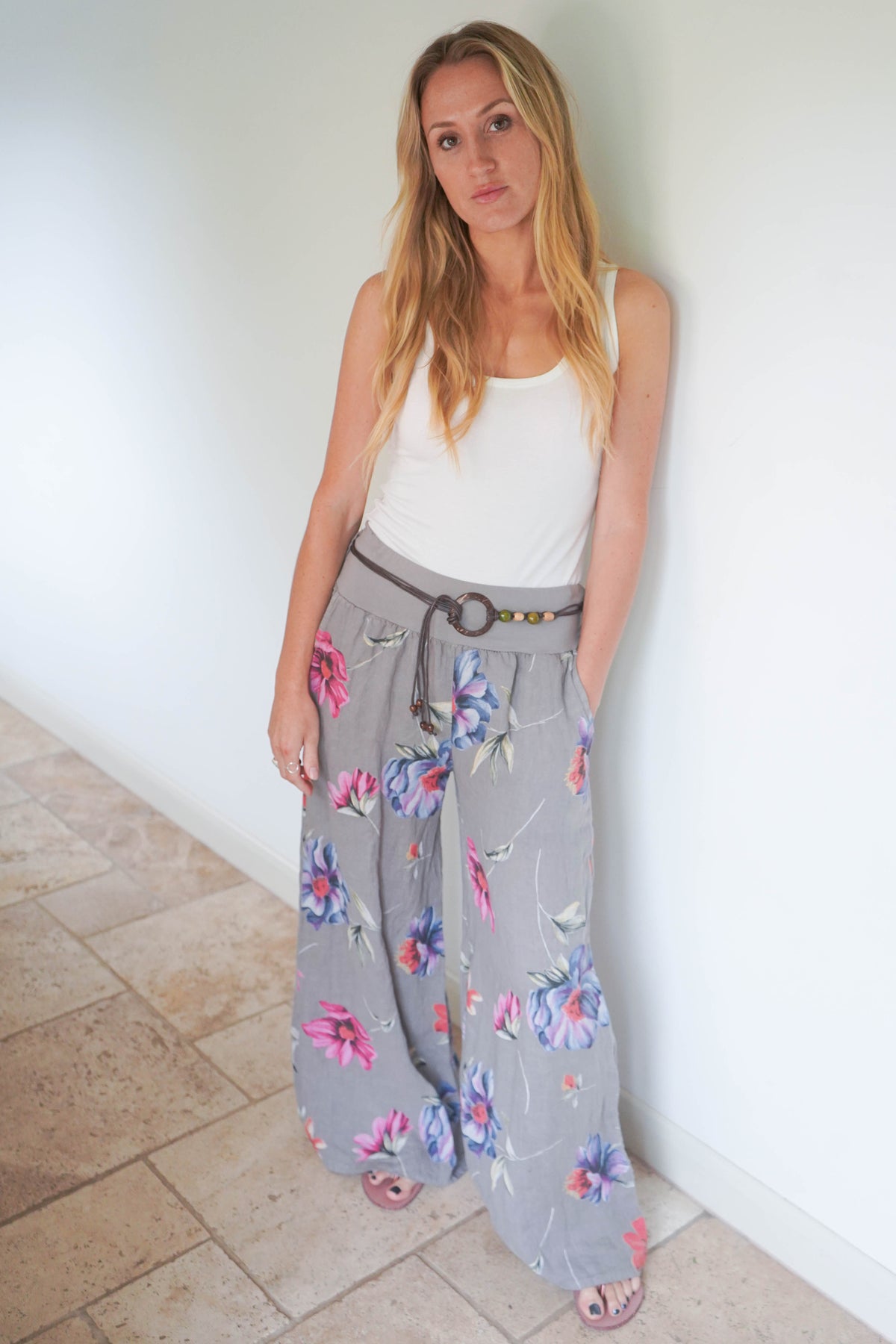 Floral Belted Linen Trousers