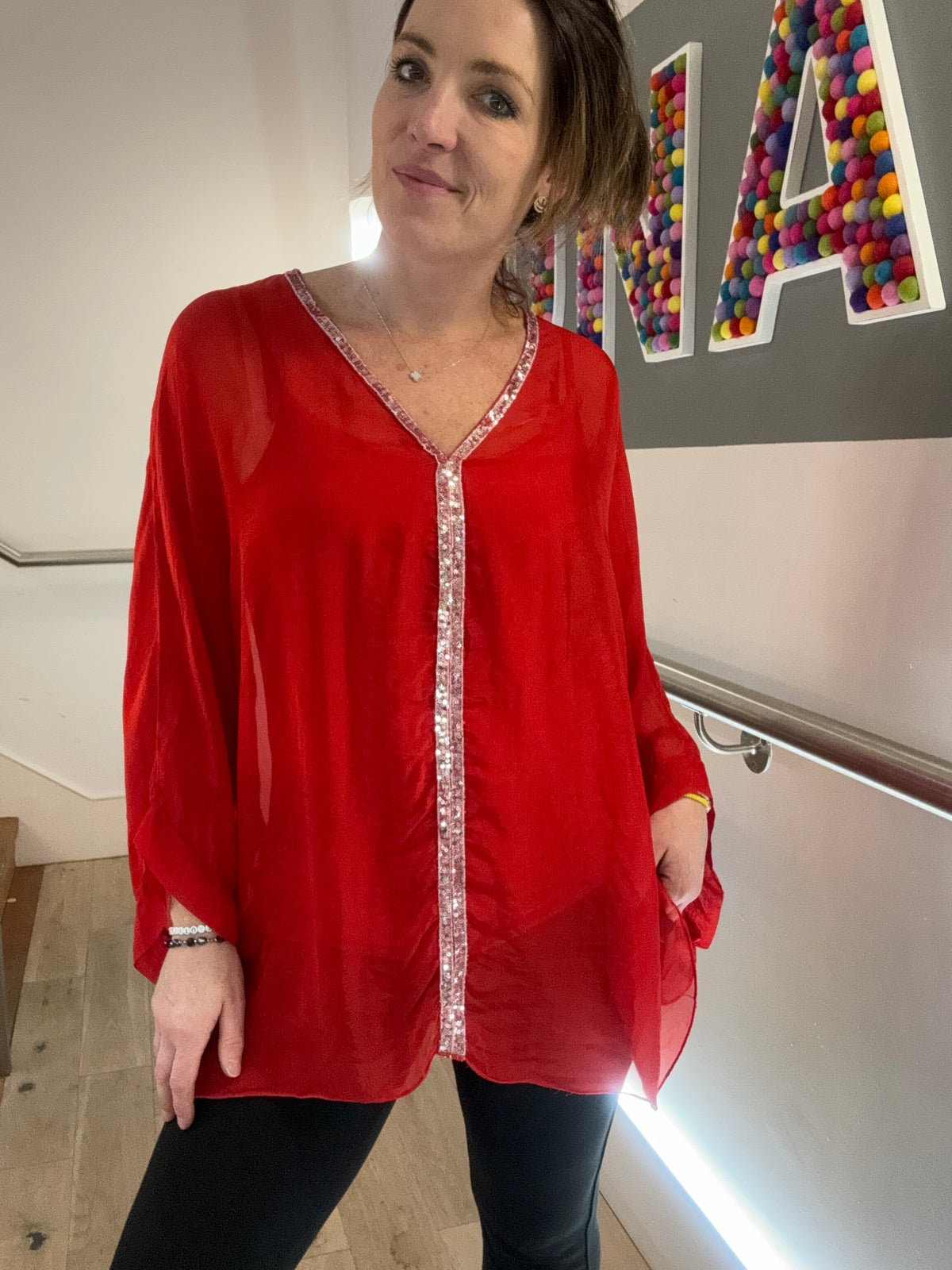 Sequin Trim Silk Top