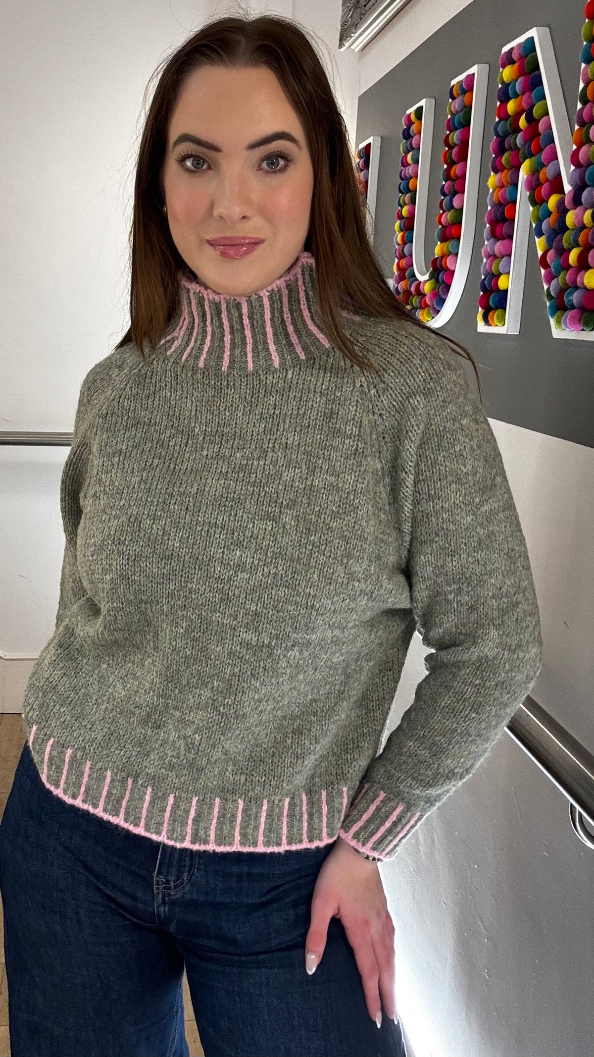 Funnel Neck Contrast Stitch Jumper