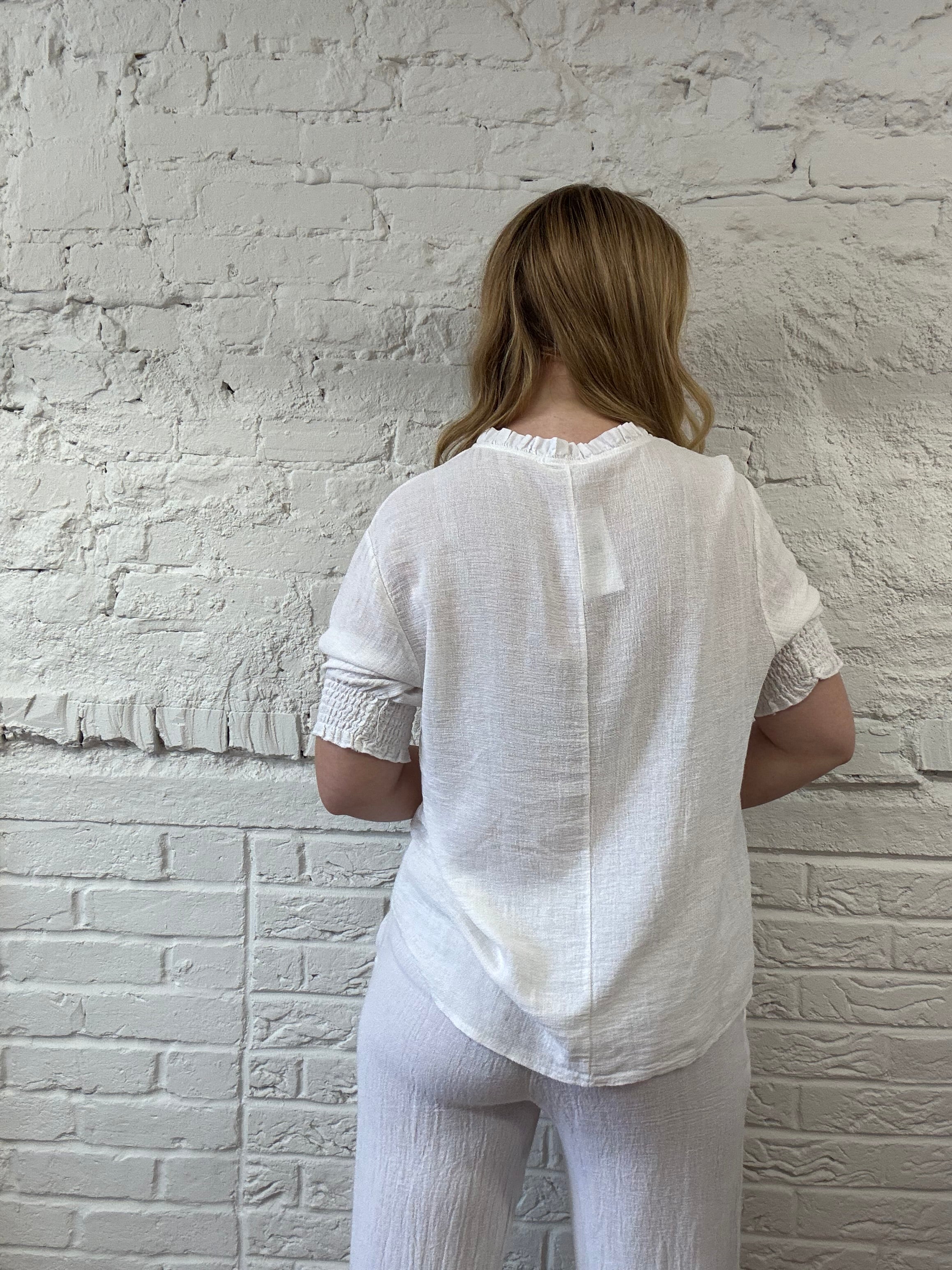 Cotton & Linen Mix Shirred Sleeve Top