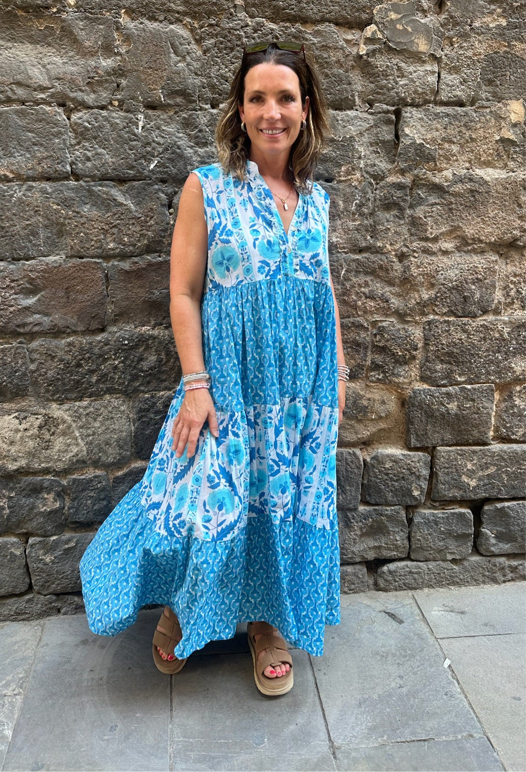 Handprinted Azure Bloom Maxi Dress