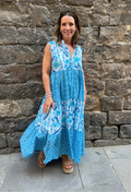 Handprinted Azure Bloom Maxi Dress