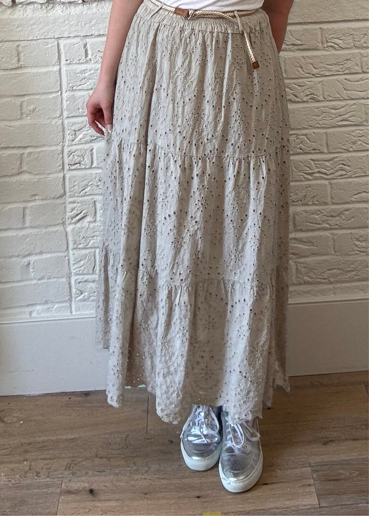 Broderie Tiered Maxi Skirt with Belt