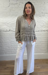 Cotton and Linen Mix Ruched Button Top