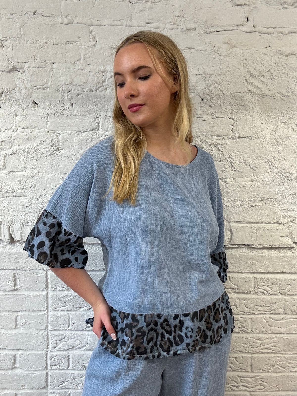 Cotton and Linen Mix Top With Leopard Detail