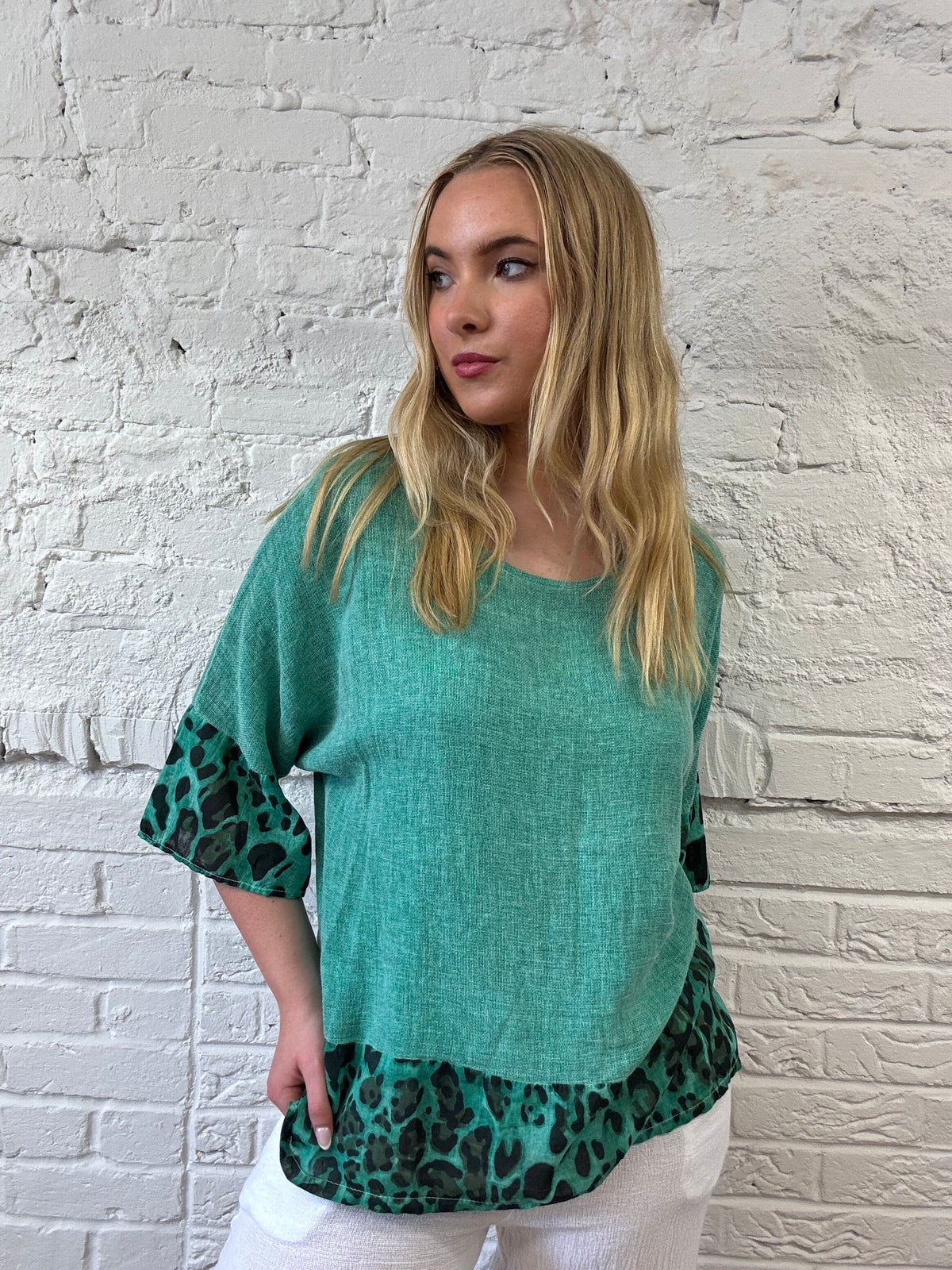 Cotton and Linen Mix Top With Leopard Detail