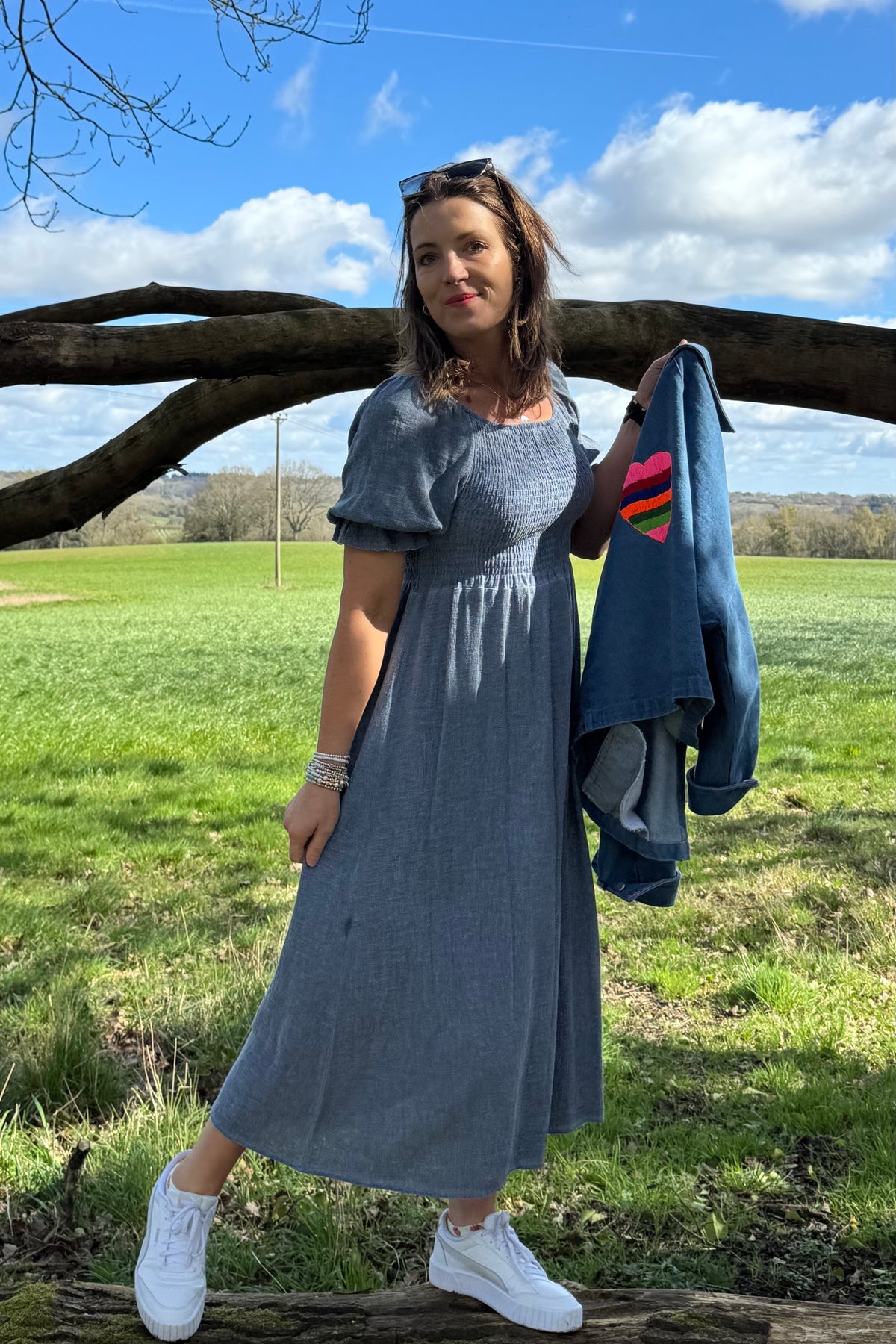 Cotton and Linen Mix Ruched Sleeve Dress