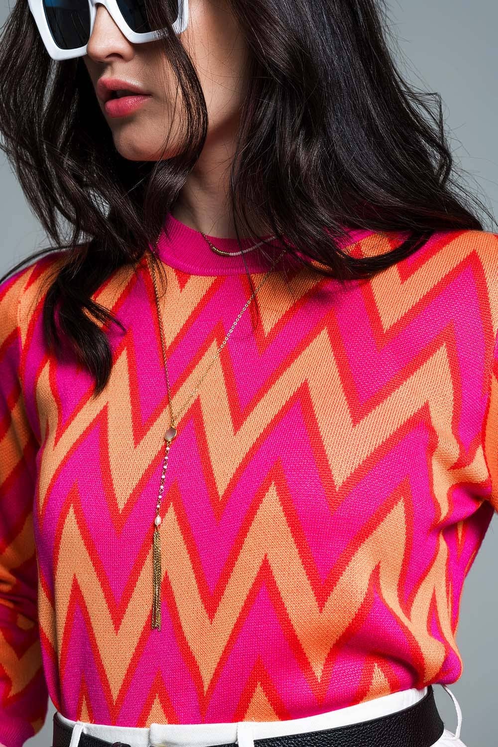 Fuchsia Jumper with Orange Zig Zag