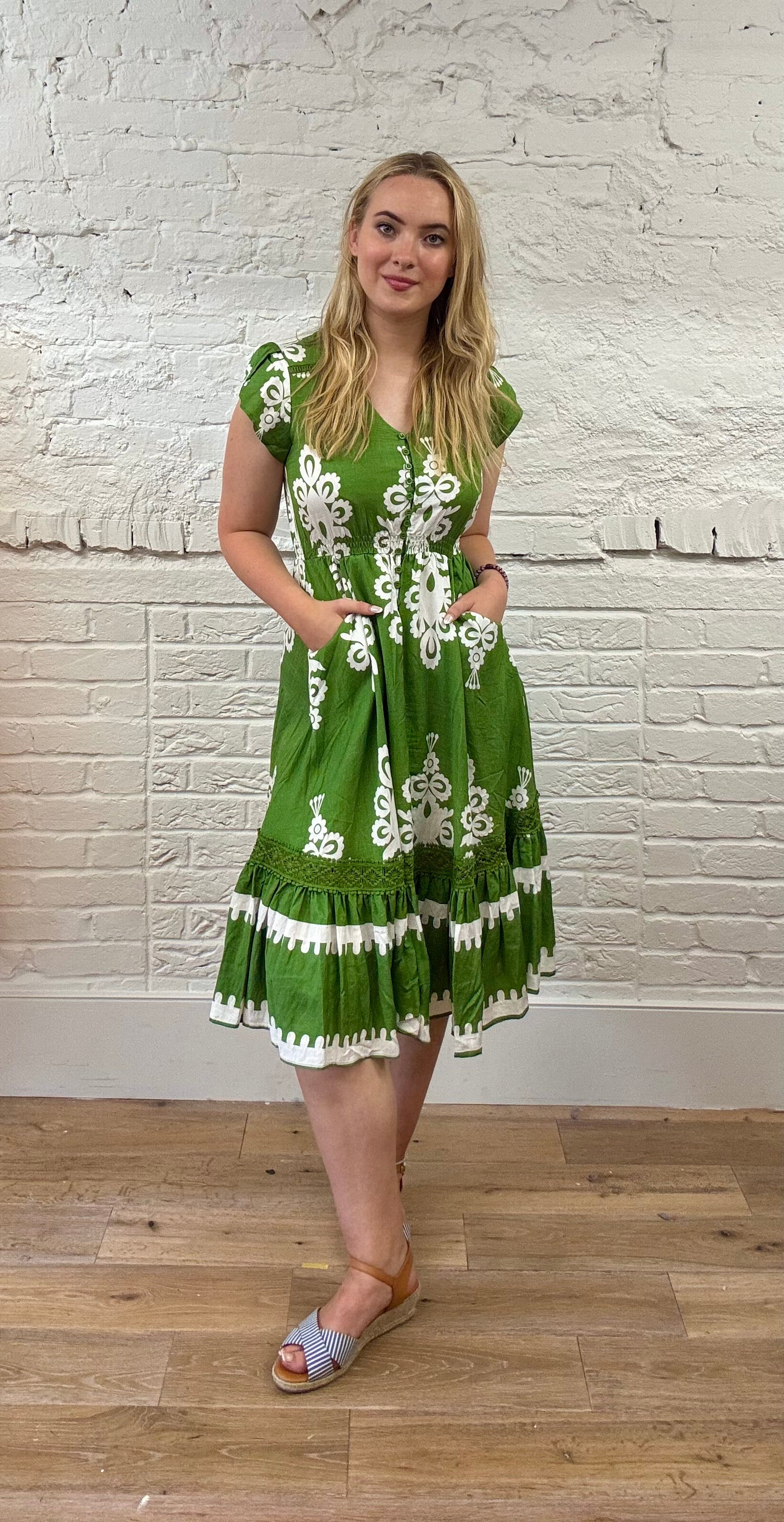 Cap Sleeve Mediterranean Print Midi Dress