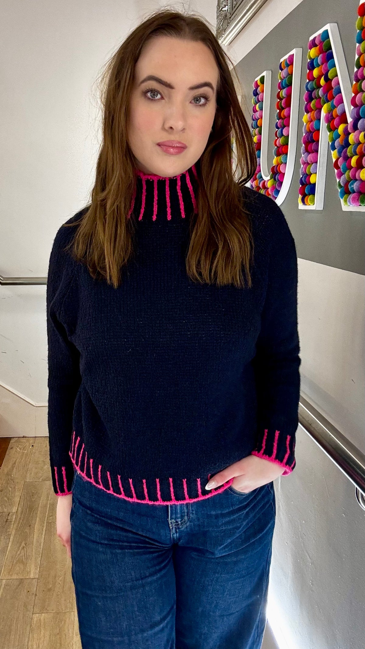 Funnel Neck Contrast Stitch Jumper