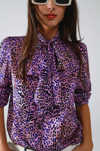 Purple Tie Neck Animal Print Blouse