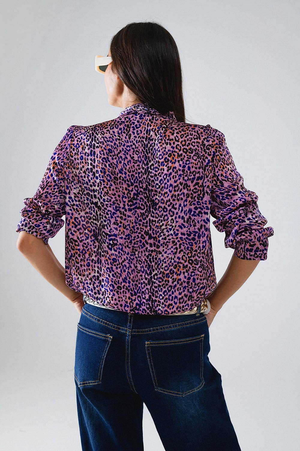 Purple Tie Neck Animal Print Blouse