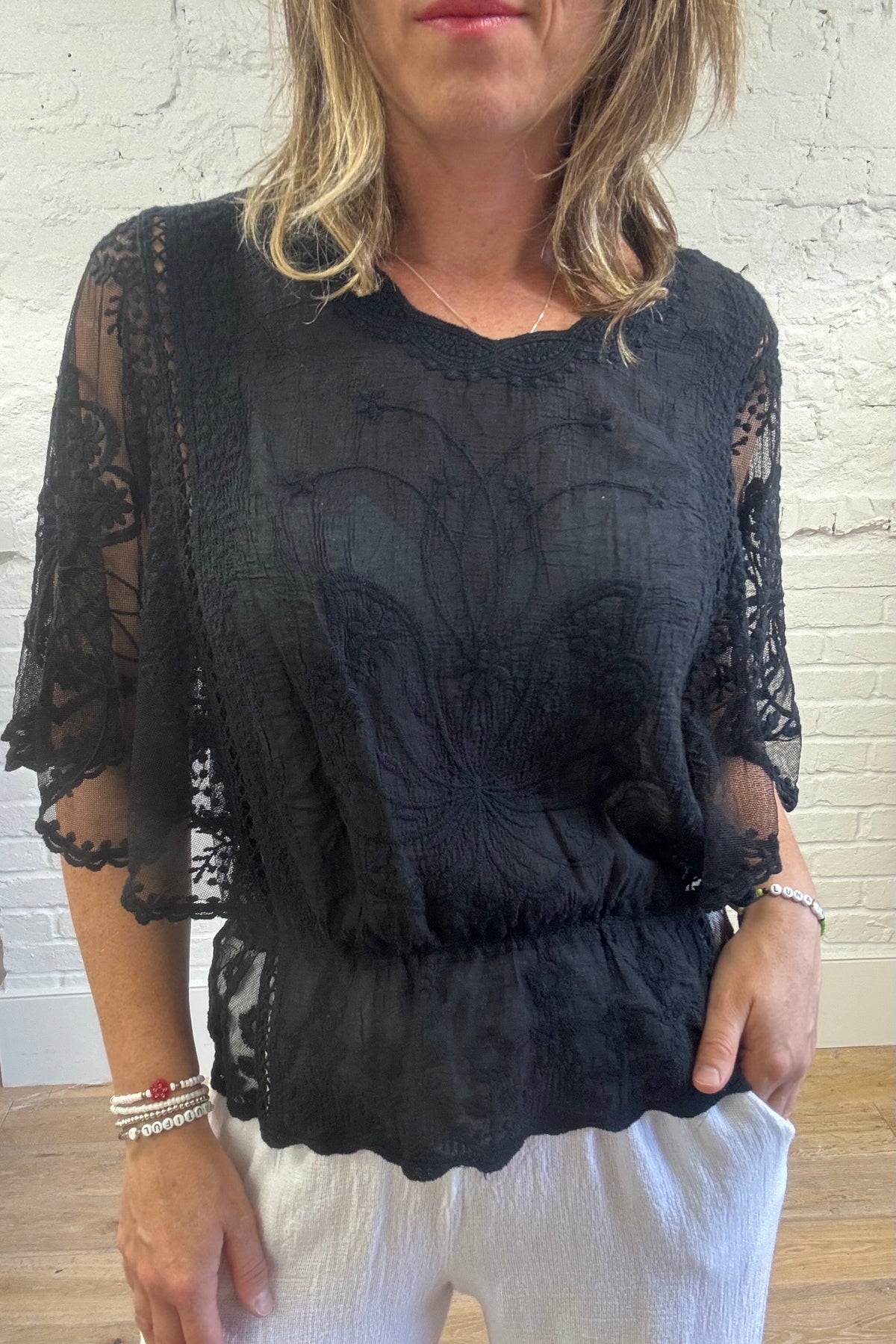 Embroidered Angel Sleeve Top