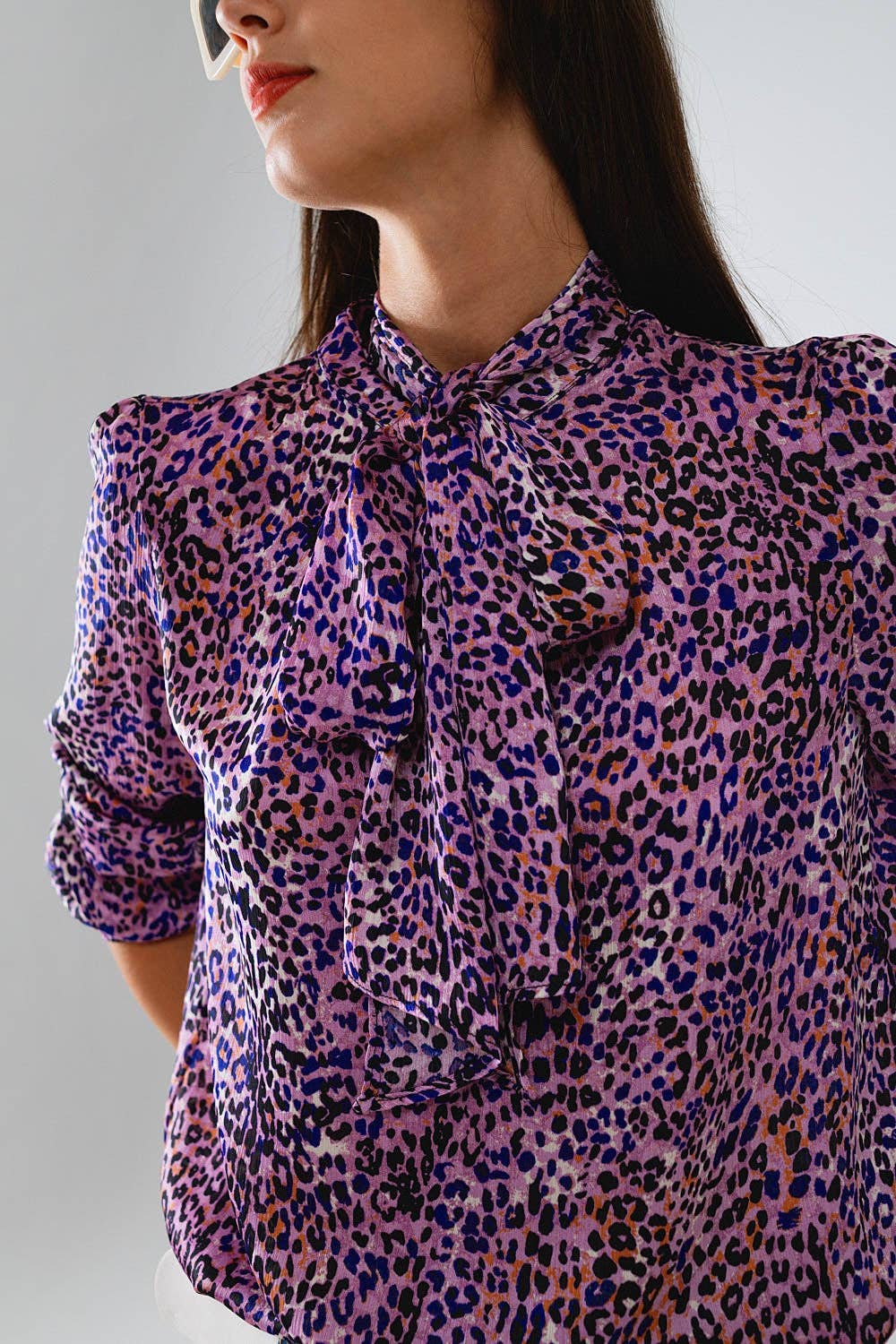 Purple Tie Neck Animal Print Blouse