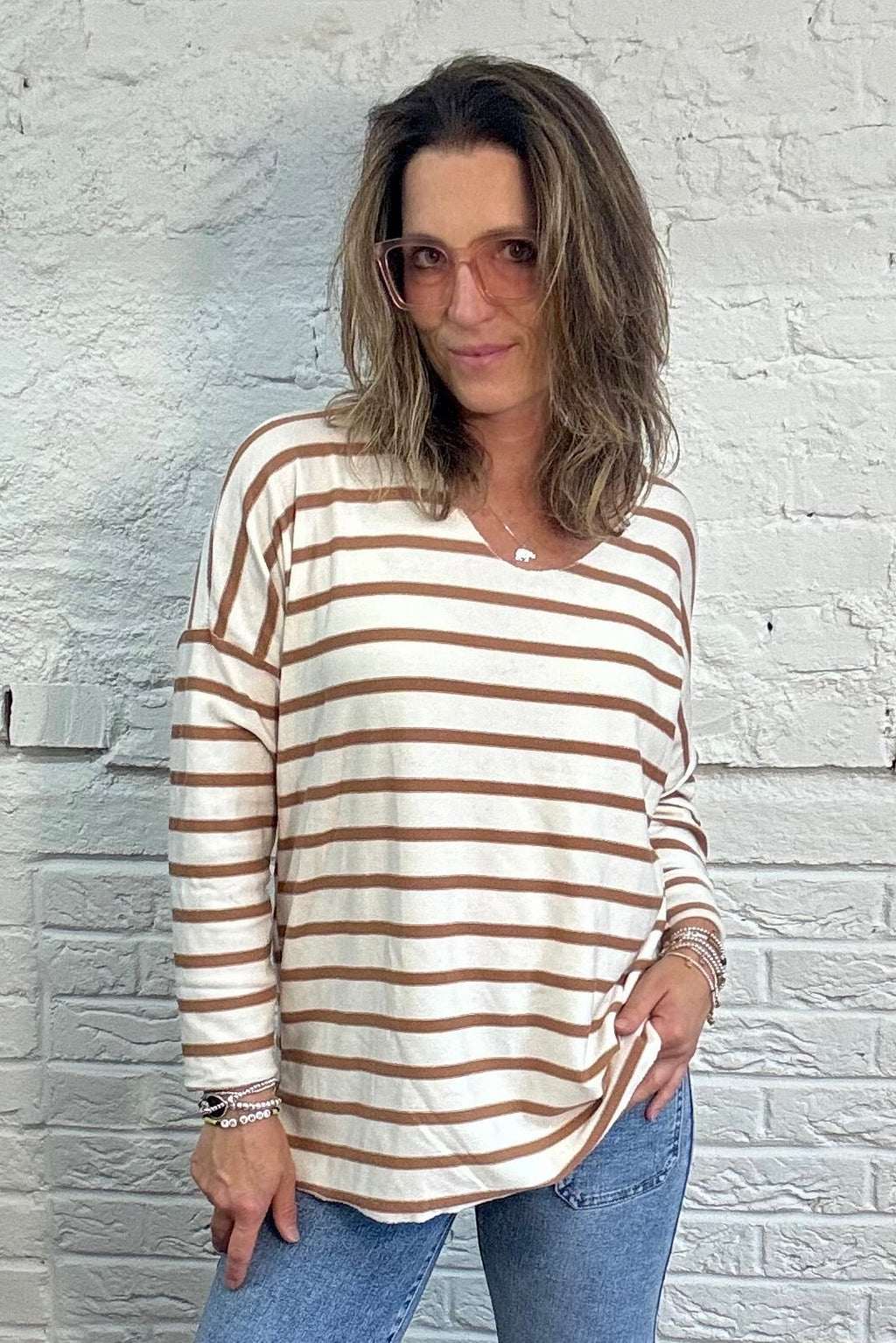 Soft Striped V-Neck Long Sleeve Top