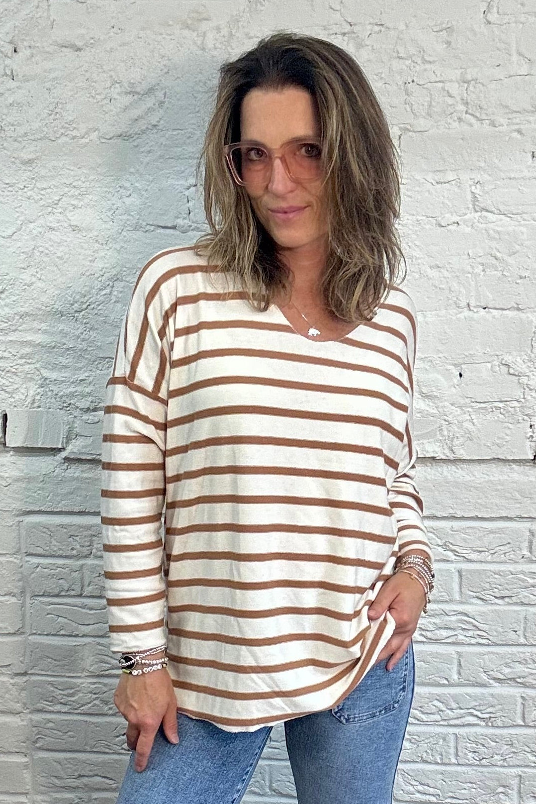 Soft Striped V-Neck Long Sleeve Top