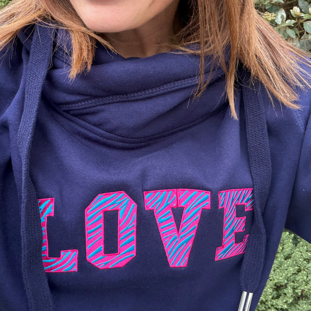Embroidered Animal Print Love Cowl Neck Hoodie