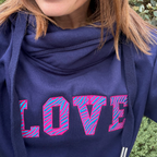 Embroidered Animal Print Love Cowl Neck Hoodie