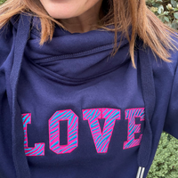 Embroidered Animal Print Love Cowl Neck Hoodie