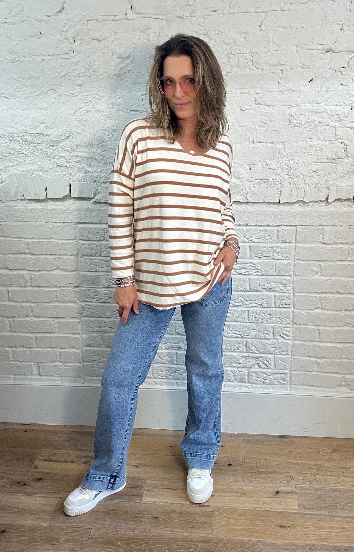 Soft Striped V-Neck Long Sleeve Top