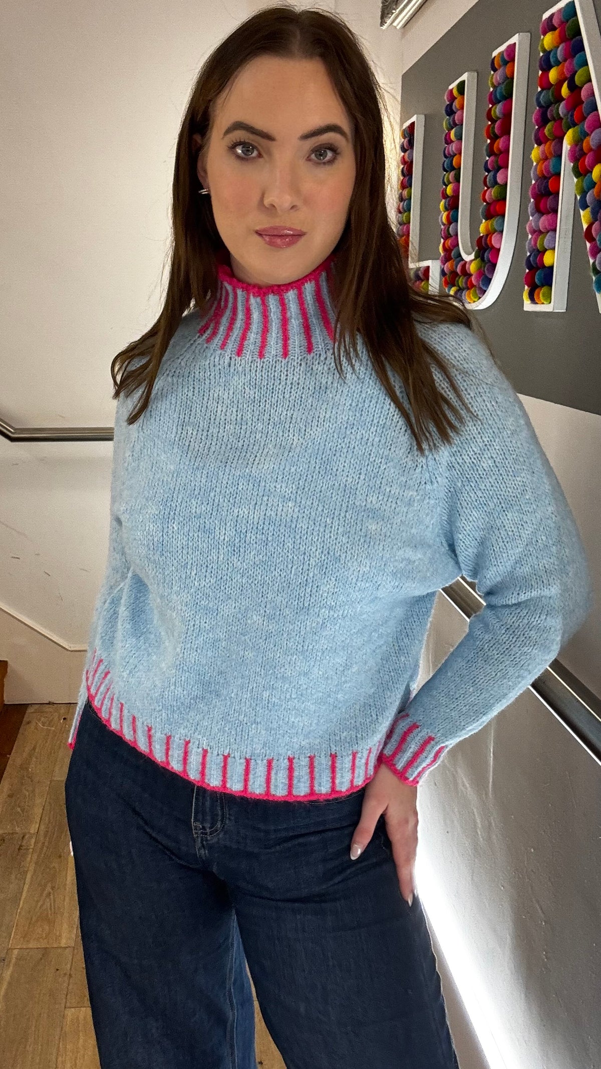 Funnel Neck Contrast Stitch Jumper