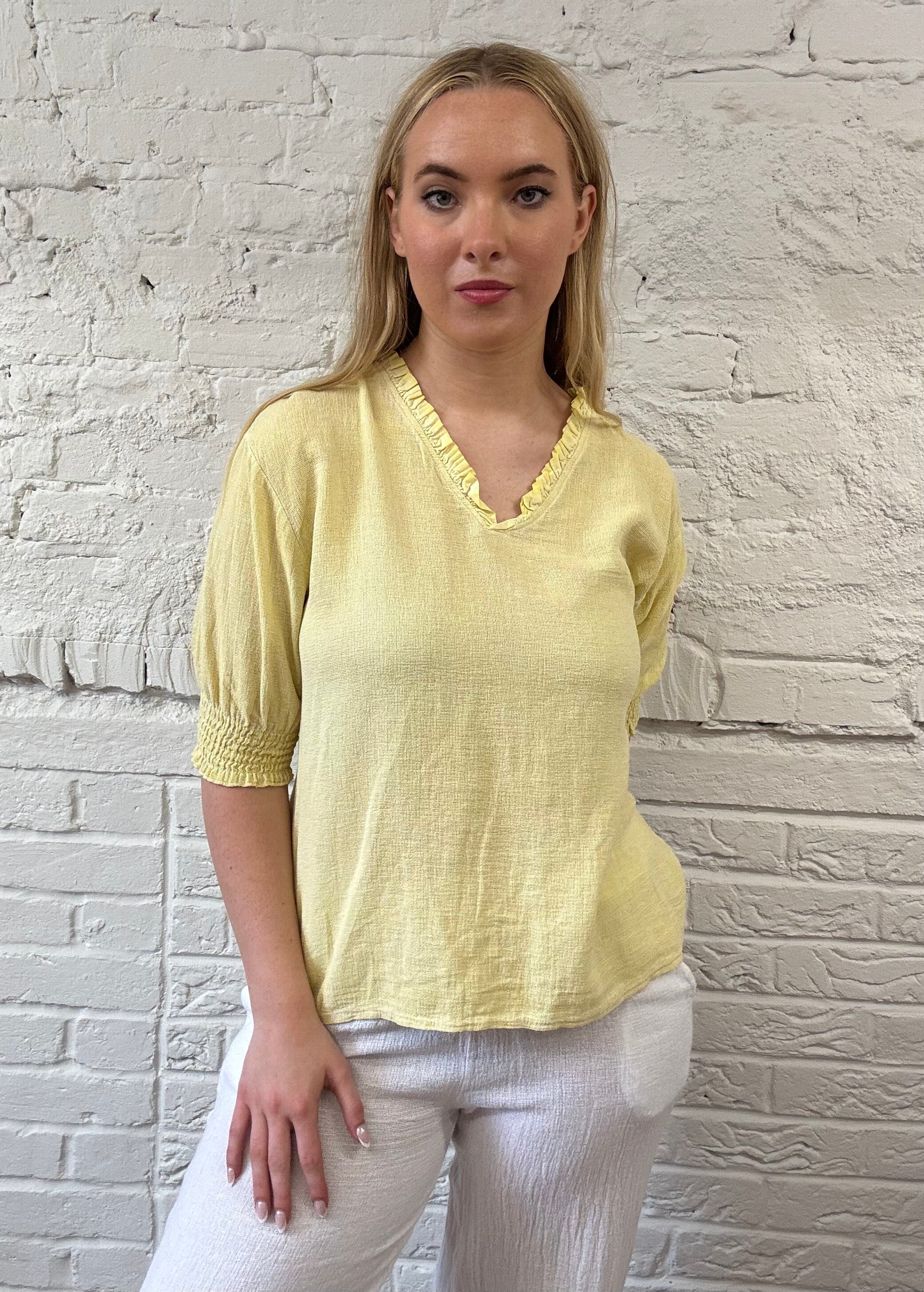 Cotton & Linen Mix Shirred Sleeve Top