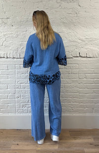 Cotton and Linen Mix Top With Leopard Detail