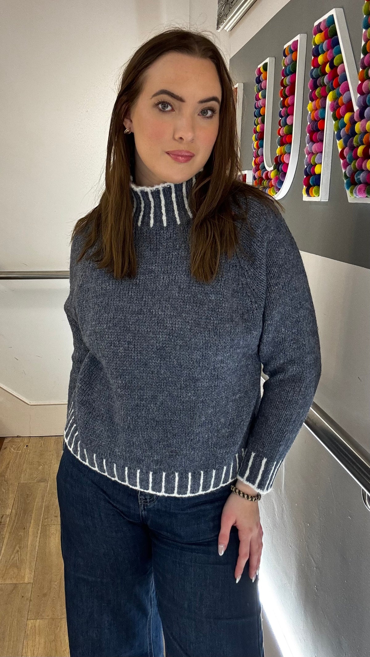 Funnel Neck Contrast Stitch Jumper