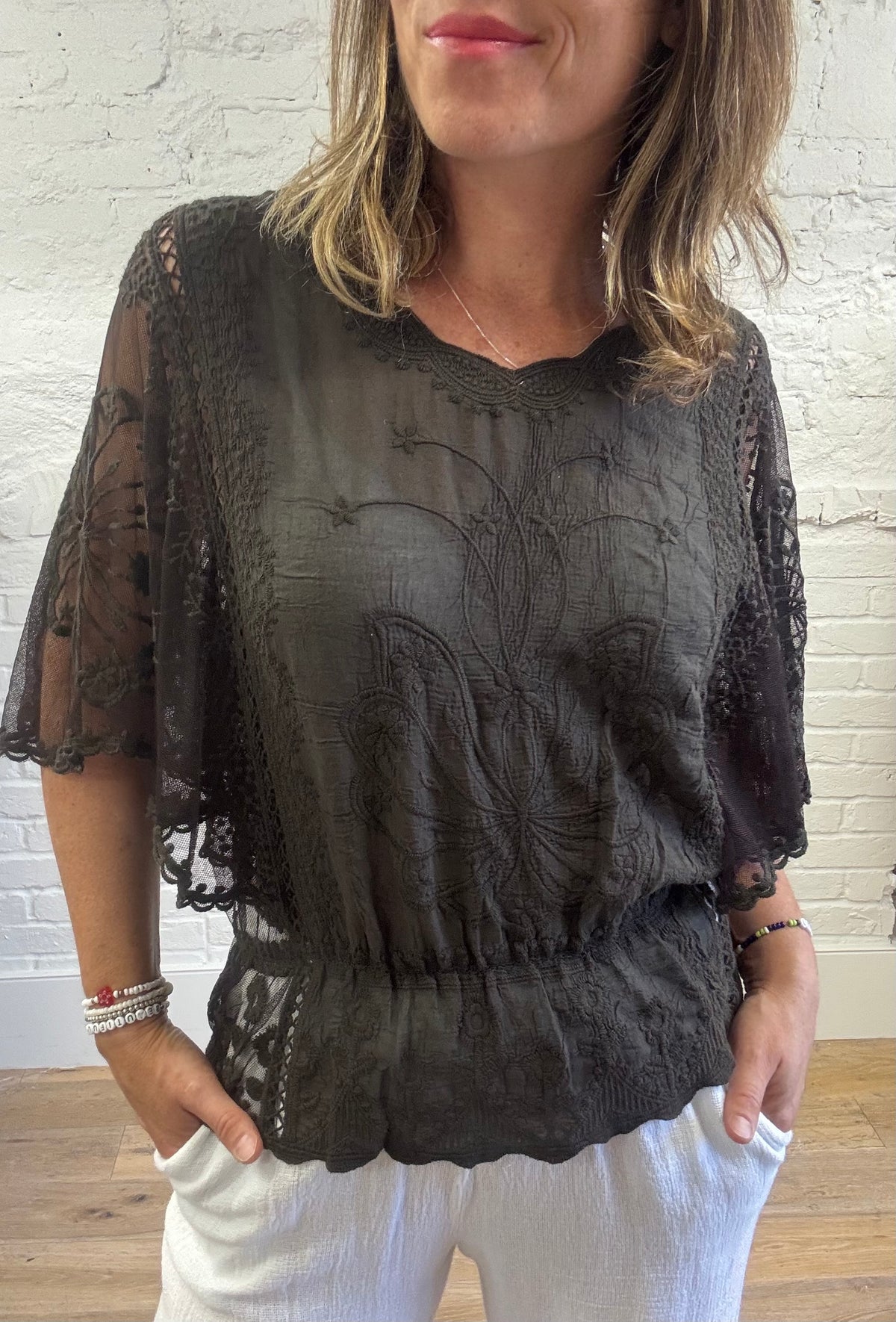 Embroidered Angel Sleeve Top