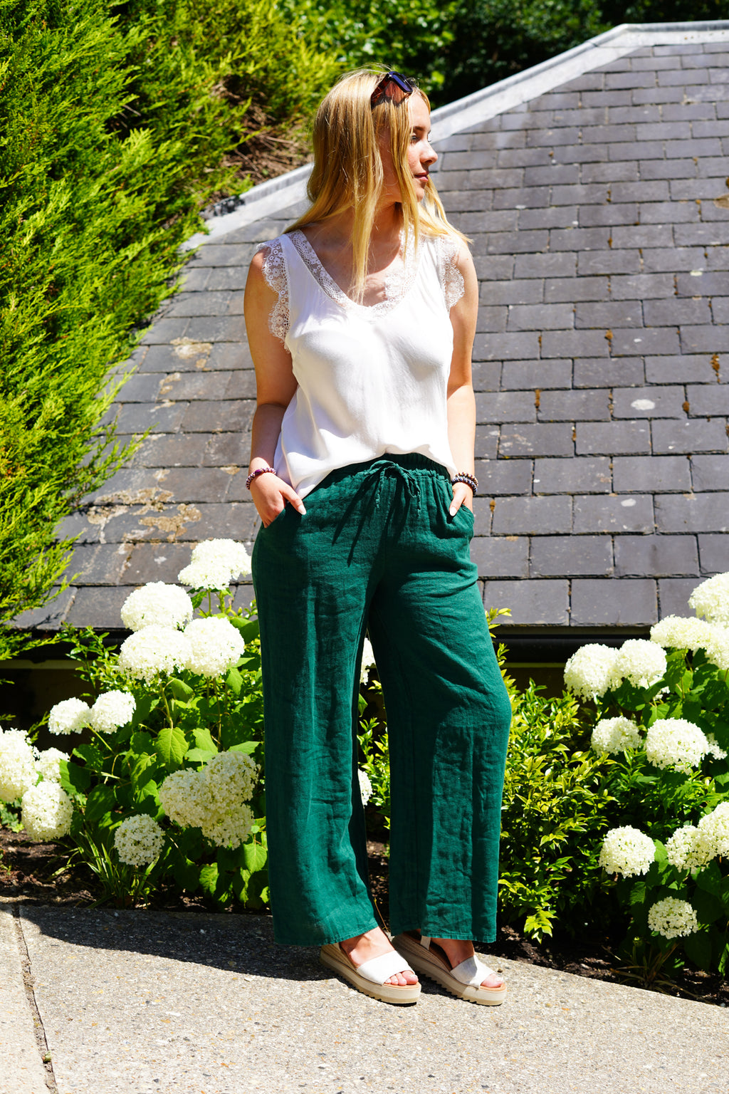 100% Linen Drawstring-Waist Trousers