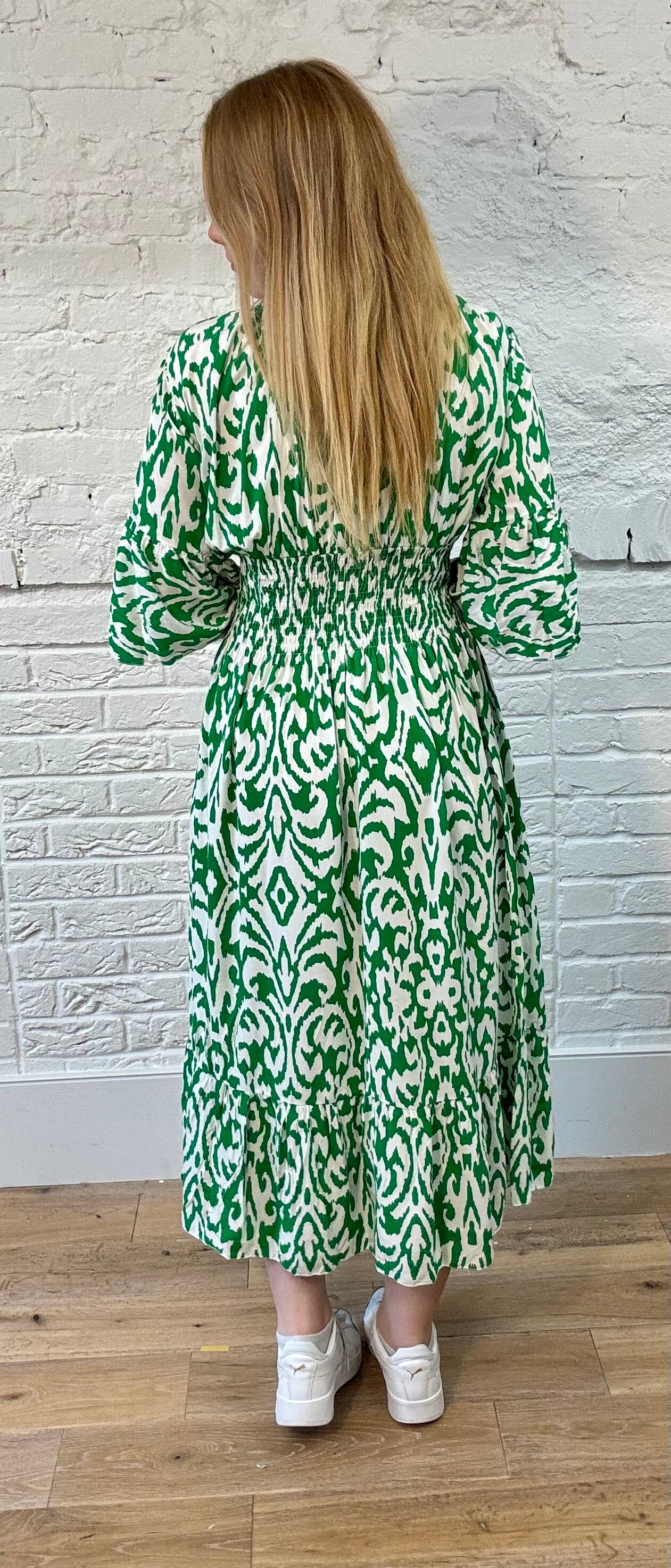 Vibrant Pattern Shirred Dress