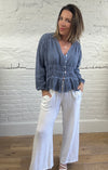 Cotton and Linen Mix Ruched Button Top