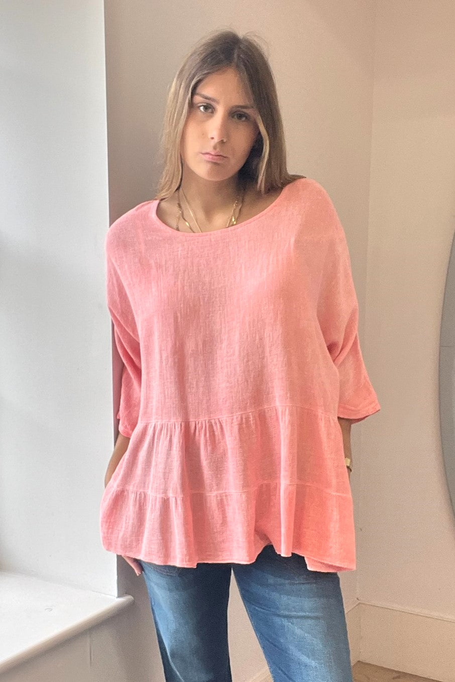 Oversized Linen & Cotton Mix Tiered Top