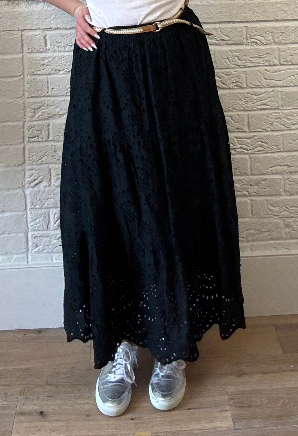 Broderie Tiered Maxi Skirt with Belt