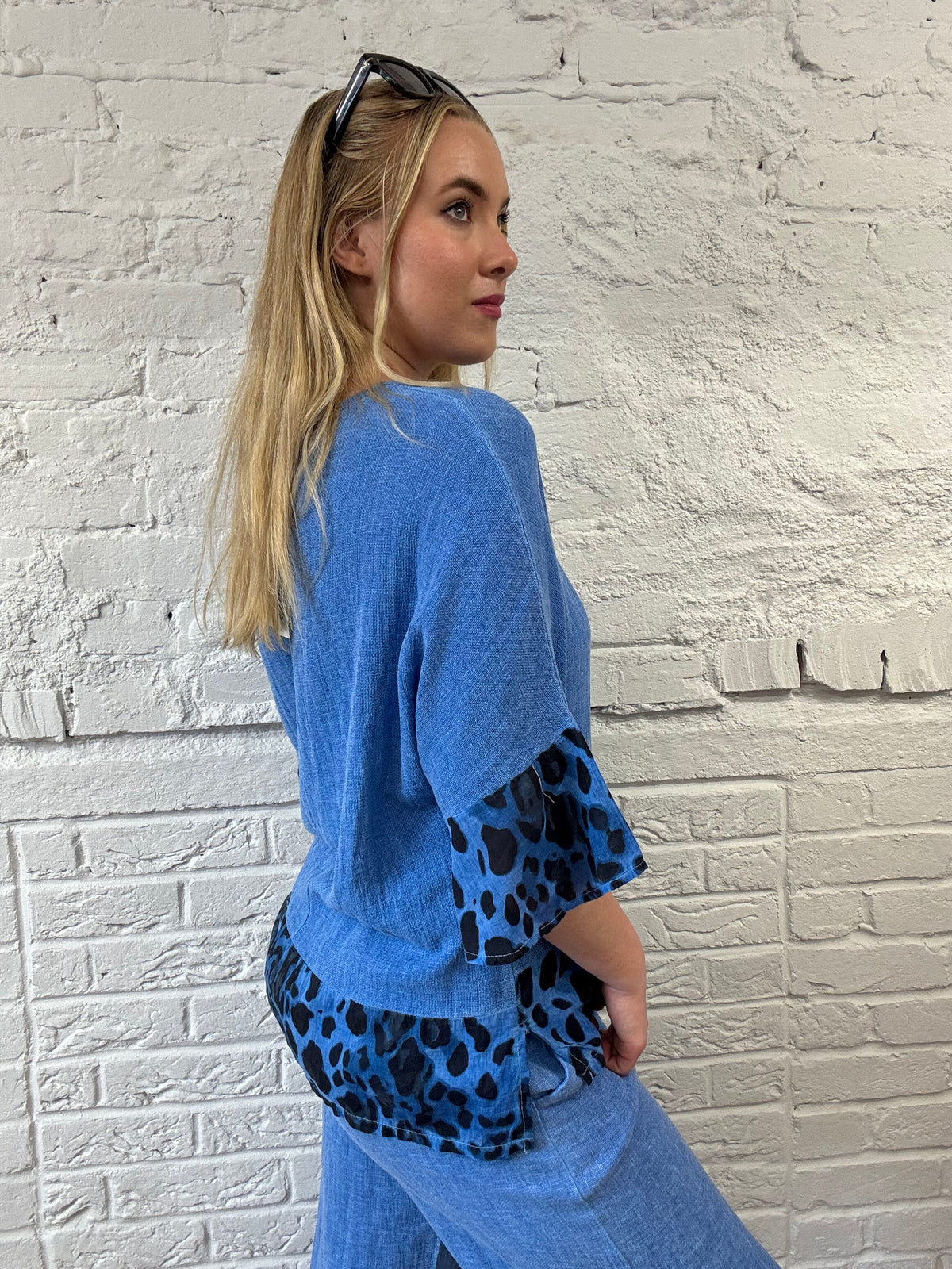 Cotton and Linen Mix Top With Leopard Detail