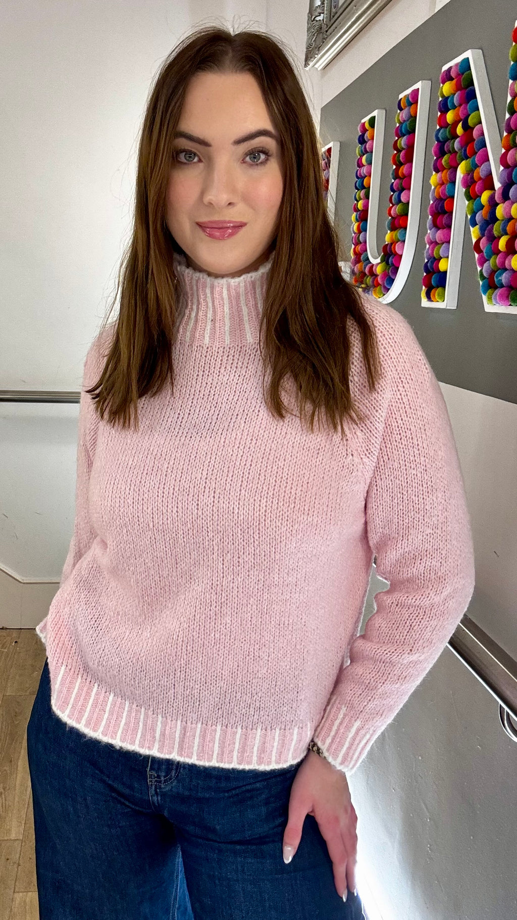 Funnel Neck Contrast Stitch Jumper