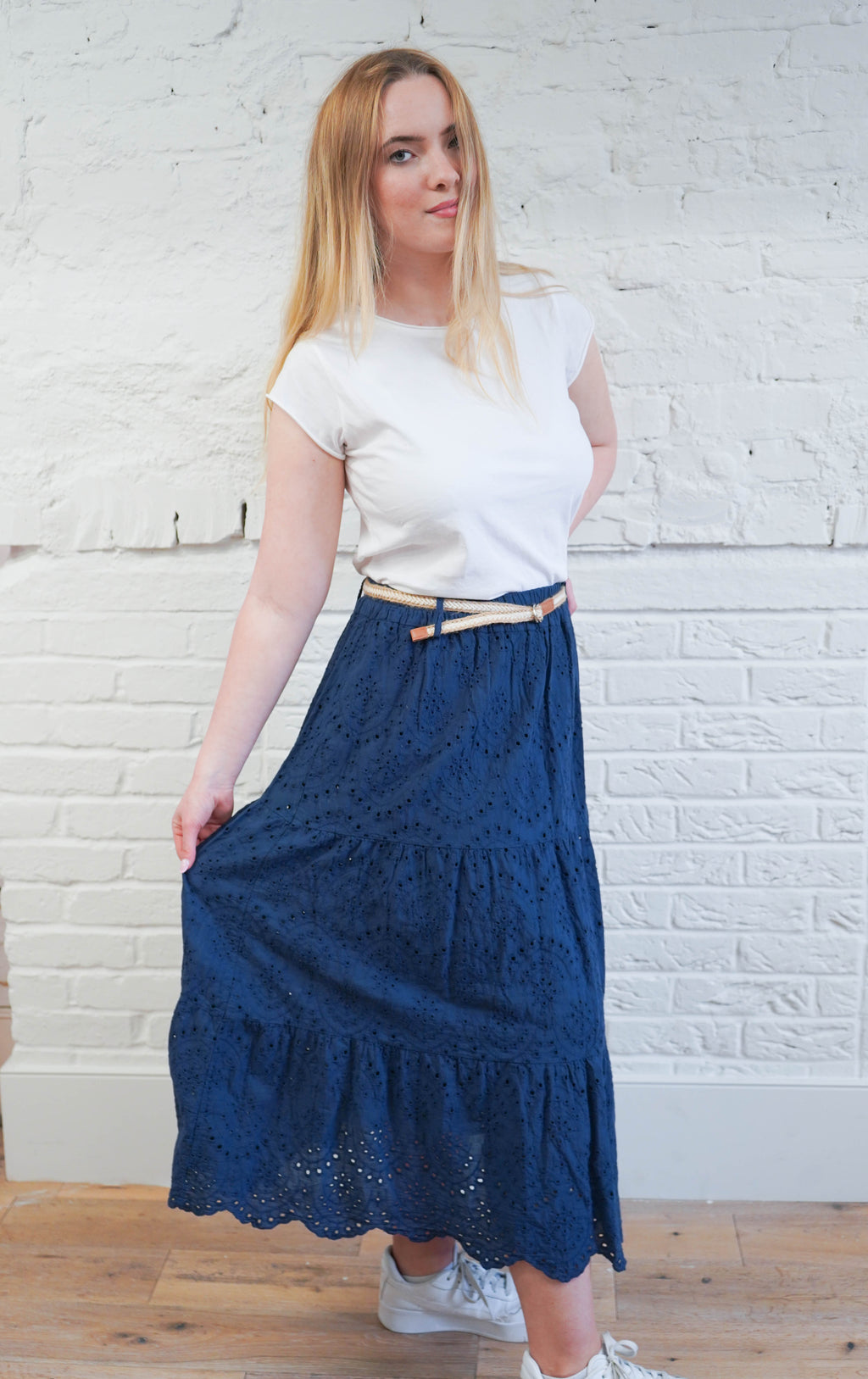 Broderie Tiered Maxi Skirt with Belt